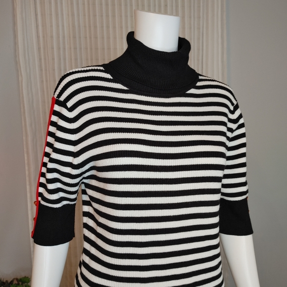 MARINA V PARIS STRIPED TURTLENECK SWEATER,BLACK/WHITE/RED T4 (Fits like M) - Picture 3 of 9